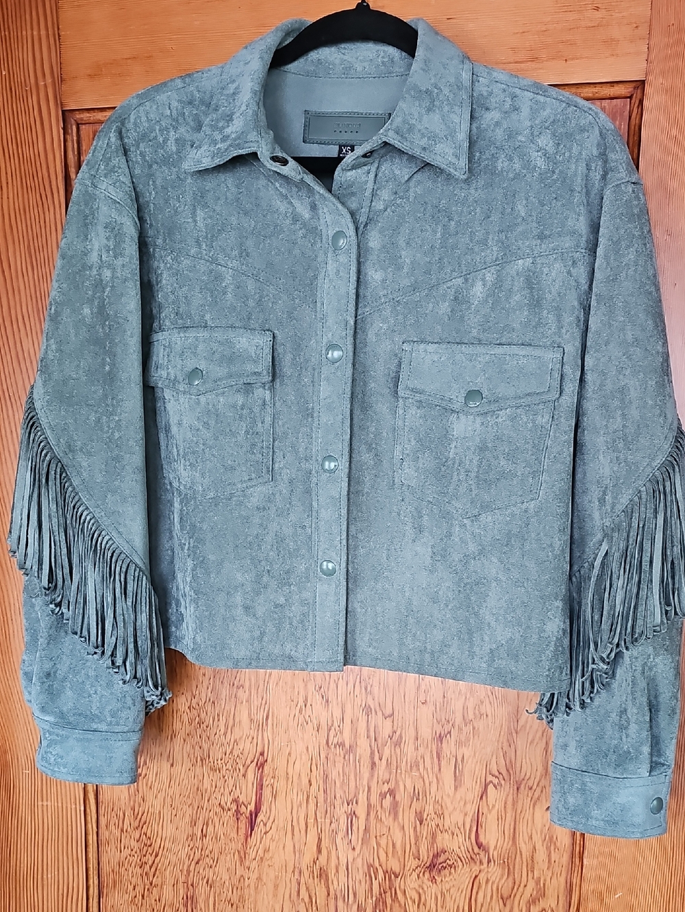 [BLANKNYC] Faux Suede Fringe Shirt Jacket / Shacket, Olive Sage Color, Size XS